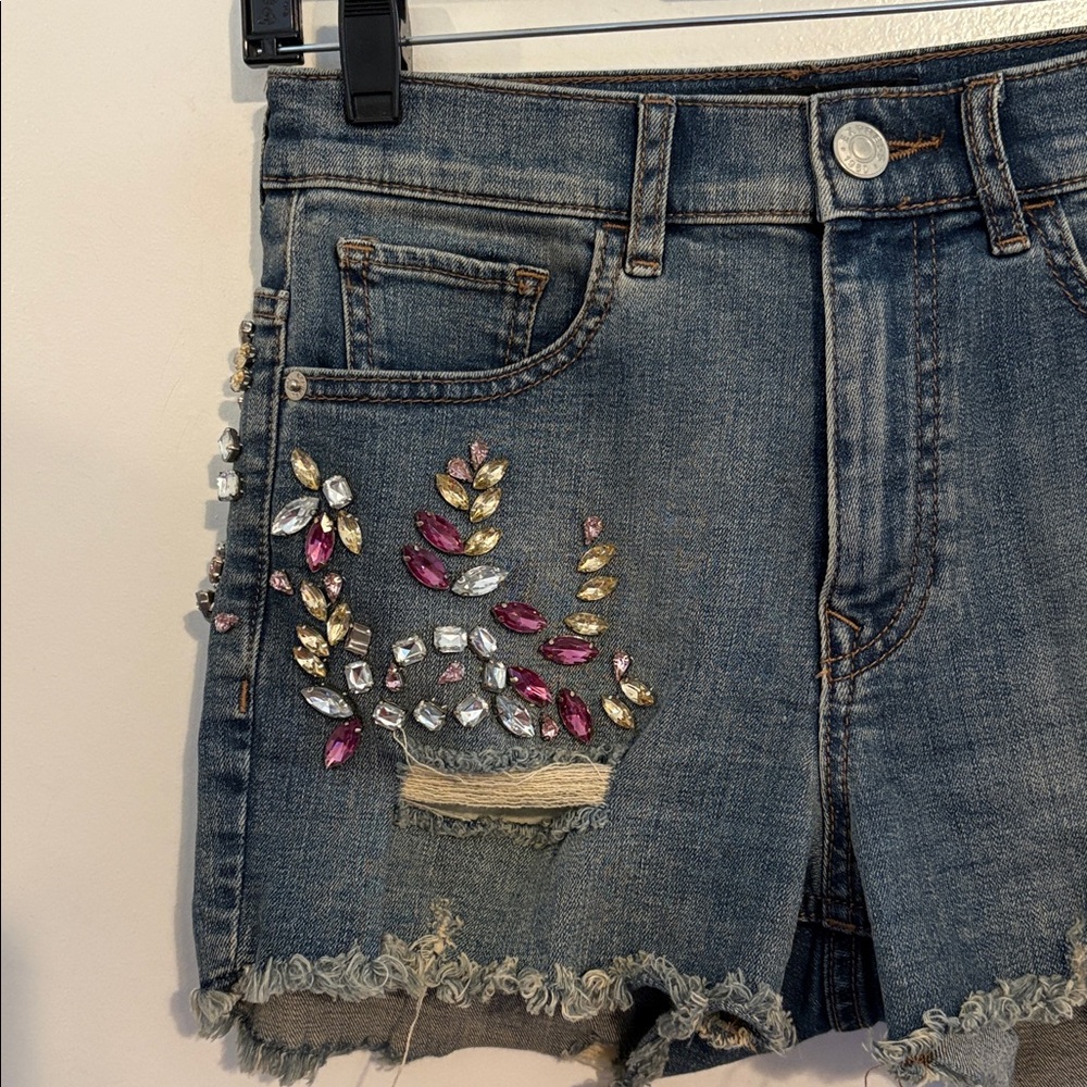 Express Distressed High Rise Boho Cut Off Denim Shorts w/ Rhinestone Details 0 - Picture 5 of 12